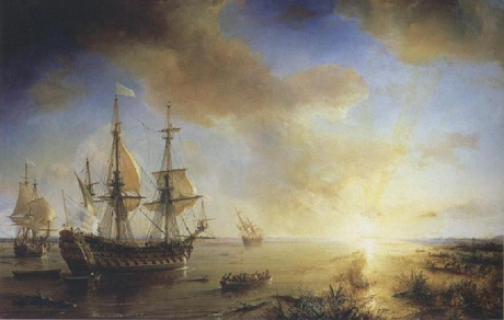 La flotte de Cavelier de La Salle en 1684 - peint en 1844 par Théodore Gudin - La Belle sur la gauche, Le Joly au centre et L'Aimable échoué à droite